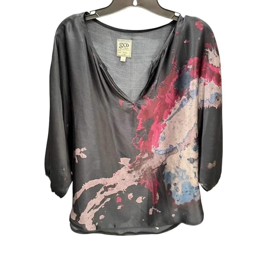 Go by GoSilk Oversized Blouse Black Pink Abstract Washable Silk Artistic Small